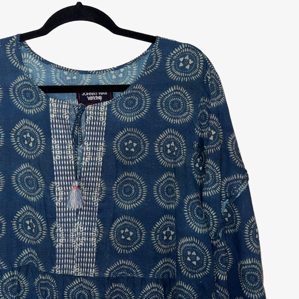 Johnny Was Workshop Blue Batik Print Long Sleeve Tunic Dress - Size XL